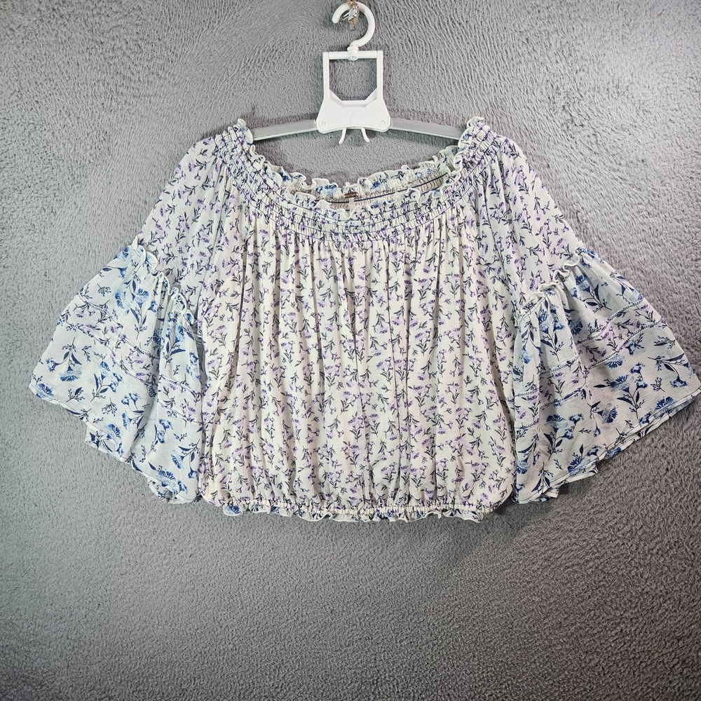 Free People Off Shoulder Cropped Top Women Small Floral‎ Print Bell Sleeve White